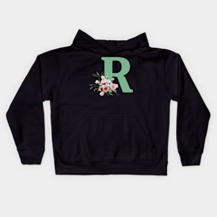 Letter R green with colorful flowers Kids Hoodie